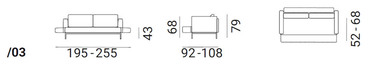 Abmessungen des FSM EASY FM-474/03 Sofas mit variabler Breite, Tiefe und Höhe