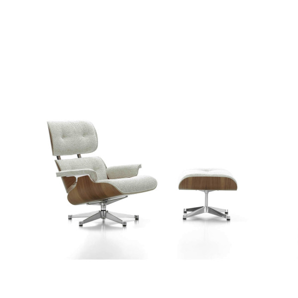 Eames Lounge Chair mit Ottoman Nussbaum weiss Stoff Nubia